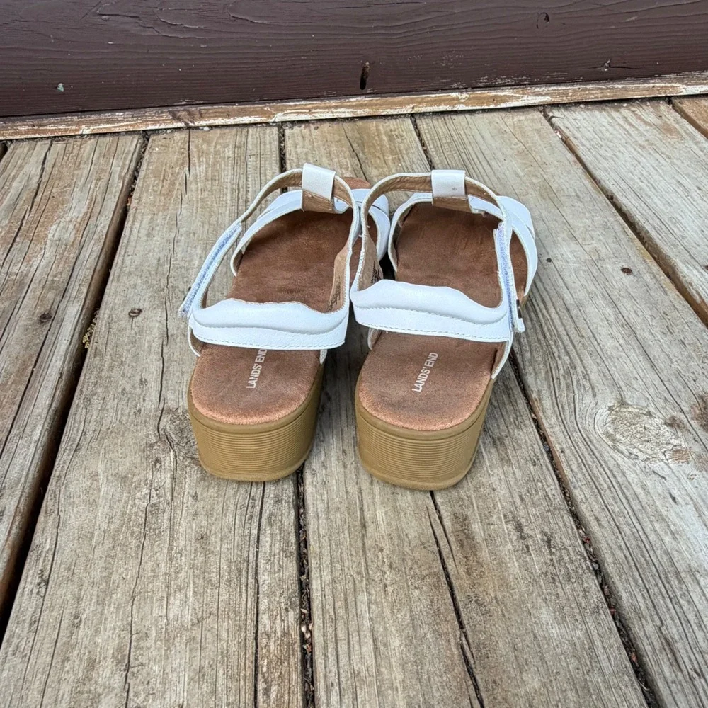 Lands' End Wedge Sandals Womens 11B White T-Strap Comfort Summer Shoes‎